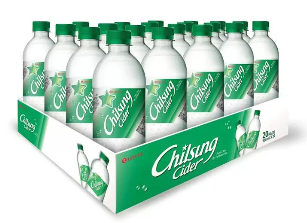 コストコのチルソンサイダー（500ml×20本）。爽やかな甘さとさっぱりとした炭酸が特徴の韓国産サイダー。大容量で、パーティーや家族での集まりにぴったり