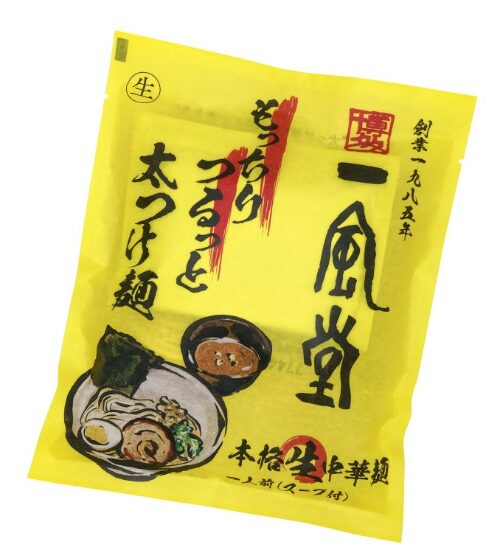 一風堂 太つけ麺 濃厚魚介豚骨 8食入の商品パッケージ。黄色を基調としたデザインに、つけ麺のイメージ写真が大きく配置された冷蔵食品セット。