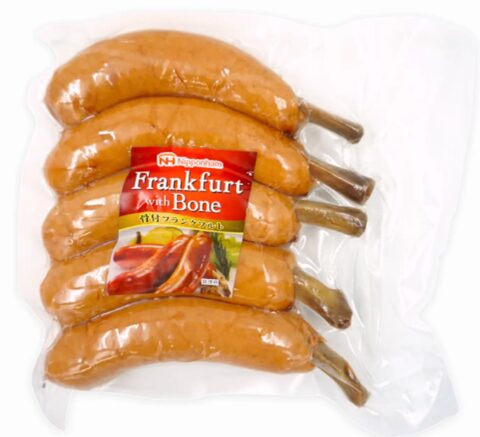 コストコの骨付フランクフルト 90g×5本セット。ジューシーな粗挽きソーセージが骨付きで食べごたえ抜群、BBQやおつまみにもおすすめ