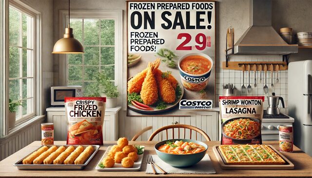 キッチンのテーブルにコストコ 加工食品・調味料が並んでいる