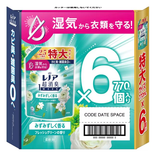 レノア 超消臭 1WEEK フレッシュグリーン 770ml×6個入り 段ボール箱パッケージの画像（製品イラスト付き）