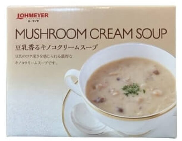 優しいベージュのパッケージにカップに入ったLOHMEYER豆乳キノコクリームスープが描かれている箱 57659
