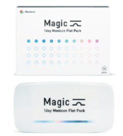 Menicon（メニコン）1日使い捨てコンタクトレンズの白いパッケージ。シンプルで清潔感のあるデザインが特徴のFlat Packタイプ。