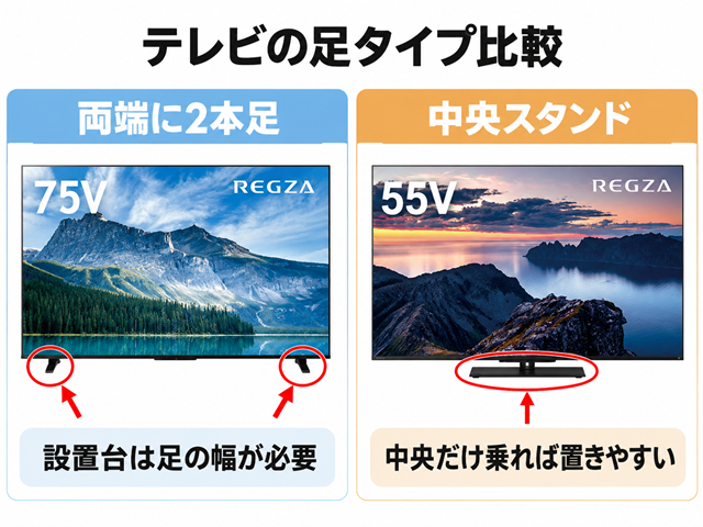 テレビの足タイプ比較 中央スタンドタイプと両端に2本足タイプ