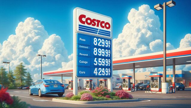晴れた日に、コストコガソリンスタンドに、PRICEボードが掲げられている風景