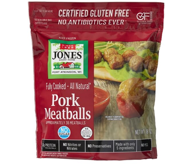 コストコのJONES ポークミートボール 510g×2袋セット。ジューシーな豚肉を使ったアメリカンスタイルの冷凍ミートボールで、温めるだけで手軽に本格的な一品が完成