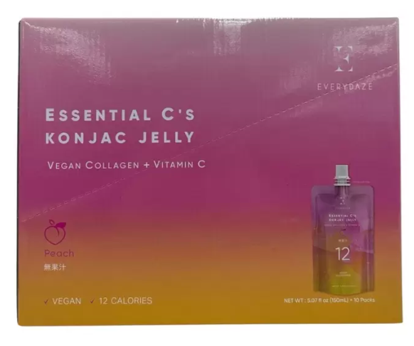 コストコのESSENTIAL C'S こんにゃくゼリーピーチ味 150ml×10個。アメリカ発の美容サポートブランドEVERYDAZEのヴィーガンゼリーで、ビタミンC320mgとヴィーガンコラーゲン1,000mg配合。1個わずか12kcalで、美容と健康をサポートしながら小腹も満たせるヘルシーおやつ