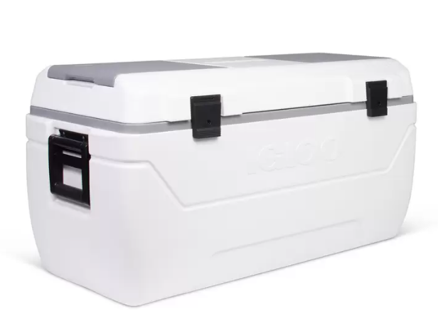 コストコのIGLOO マックスコールド クーラーボックス 165QT（156L）。大容量保冷タイプで長時間の冷却が可能、キャンプや大型パーティーに最適【商品番号1819535】」