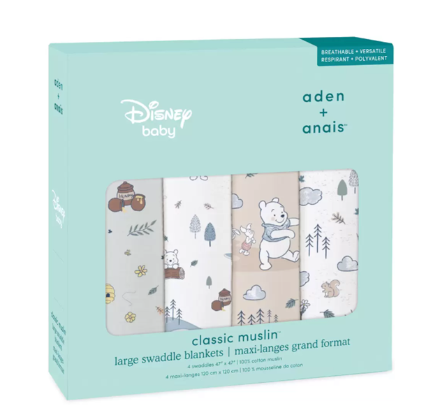 コストコのaden + anais Disney モスリンスワドル 4枚セット。通気性に優れたやわらかいおくるみ、ディズニーデザイン入り【商品番号49585】」