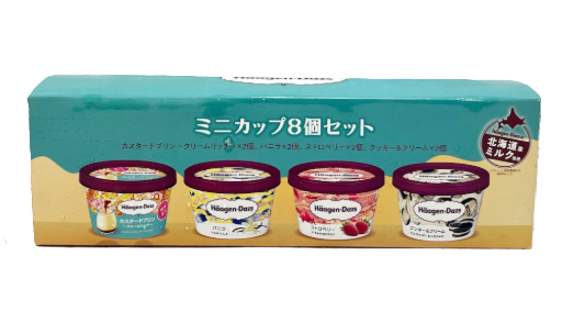 コストコのHaagen-Dazs ミニカップ 110ml（4種×2個）。バニラ、ストロベリー、クッキー&クリーム、カスタードプリンの4種類が楽しめるアイスクリームセット。小分けサイズで手軽に楽しめます