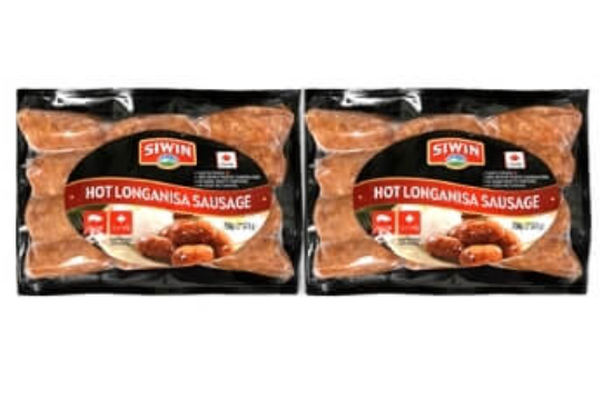 コストコのSIWIN ホットロンガニーサ(750g)。カナダ産三元豚を使用したフィリピン風の辛口ソーセージで、フライパンで焼くだけでスパイシーな味わいが楽しめる大容量パック