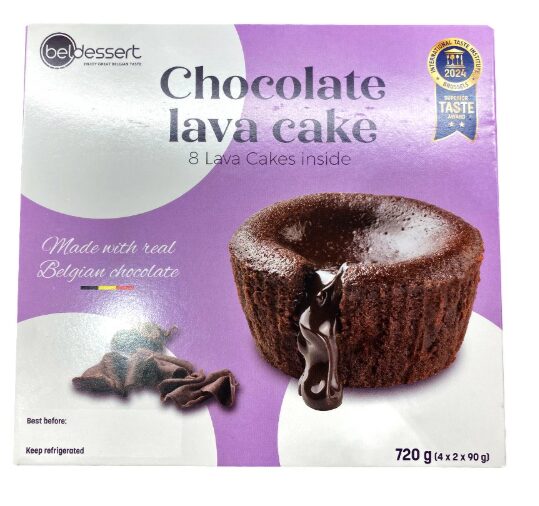 コストコのbeldessert チョコレートラヴァケーキ(90g×8個)。とろけるチョコレートが特徴のラヴァケーキ。個包装で食べやすく、贅沢なデザートタイムを楽しめる一品