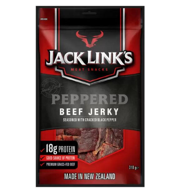 コストコのジャックリンクス ペッパービーフジャーキー（310g）。ピリッとした黒胡椒が効いた、スパイシーなビーフジャーキー。ジューシーで食べ応えのあるおやつ