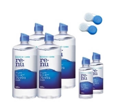 コストコのボシュロム レニューフレッシュ（500ml×4本＋120ml×2本、医薬部外品）。ソフトコンタクトレンズの洗浄・保存に最適な大容量の保存液セット