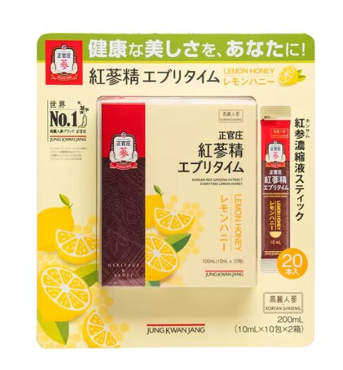 コストコの正官庄 紅蔘精エブリタイム レモンハニー味（10ml×20スティック）。紅参のエキスを手軽に摂取できるスティックタイプ。レモンハニー味で飲みやすく、健康維持に役立つ一品