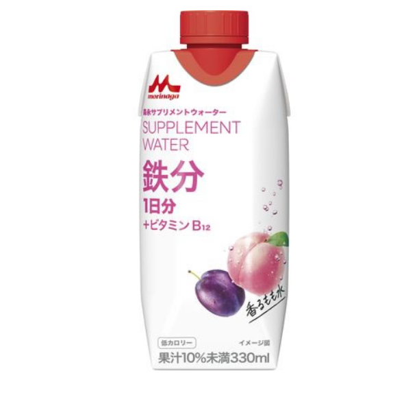 コストコの森永 サプリメントウォーター 鉄分香るもも水（330ml×12本）。鉄分を含むもも風味の水分補給サプリメント。手軽に鉄分を補える飲料。