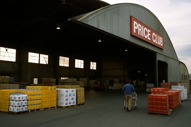 古い飛行機格納庫を改装した1970年代のPrice Club店内。鉄骨がむき出しの天井とコンクリートの床に、パレット積みの商品が並び、フォークリフトが走る倉庫型スーパーの様子。