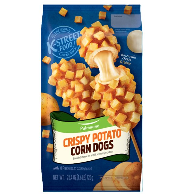 コストコのPulmuone ポテトハットグ 8本入 ITEM#63068。サクサクのポテトをまぶした韓国風アメリカンドッグ
