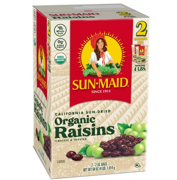 コストコのSUN・MAID オーガニックレーズン 907g×2個。アメリカ産オーガニックぶどうを使用した自然な甘みのレーズンで、お菓子作りやヨーグルトのトッピングに最適