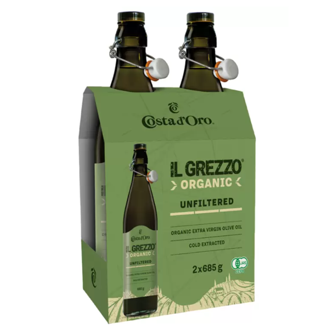 コストコ「IL GREZZO オーガニック エクストラバージン オリーブオイル」ITEM#20803。685g×2本セットの有機オリーブオイルで、コールドプレス製法による豊かな香りとフルーティーな味わいが特徴。サラダやパスタ、パンに最適な高品質エクストラバージンオイル。
