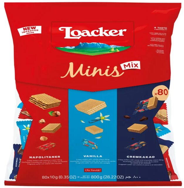 コストコ「ローカー ミニズアソート」80個入。イタリア生まれのサクサク軽いウエハースで、上品な甘さのチョコ・バニラ・ナポリタンなど人気フレーバーが楽しめる大容量アソート。おやつや来客用にぴったり。ITEM#561548。