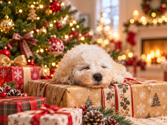 クリスマスプレゼントの上で眠る犬