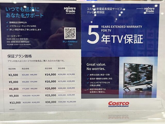 コストコ店内に表示された テレビ5年保証プラン価格一覧表