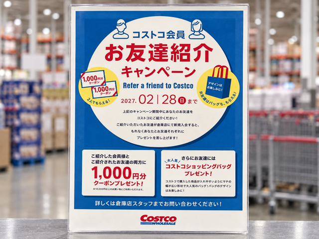 コストコ店内に掲示されたお友達紹介キャンペーンのポスター