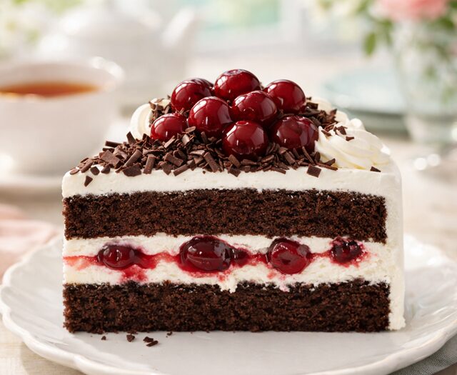 カットして皿に盛り付けしたコストコ ブラックフォレストケーキ 93965 断面が良くわかる