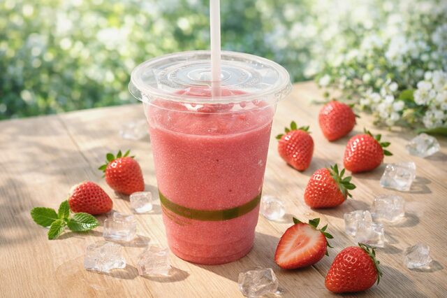 コストコフードコート ストロベリースムージー テーブルの上みずみずしい苺と一緒に置かれている
