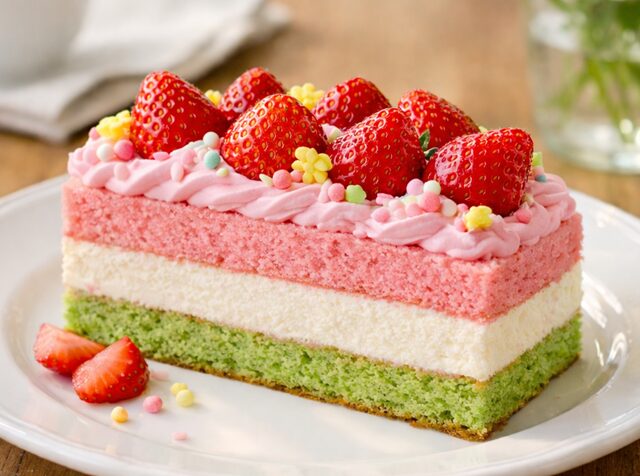 白い皿にカットして乗せたコストコ スプリングバーケーキ 93077 断面が良くわかる