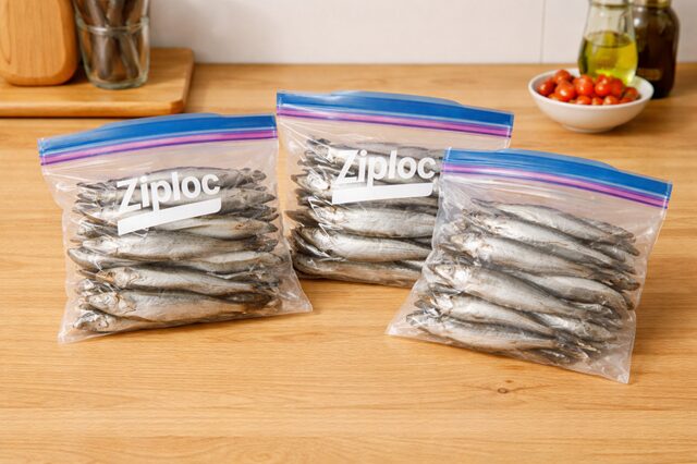 3袋のジプロックに保存したコストコ 子持ちからふとししゃも 1kg