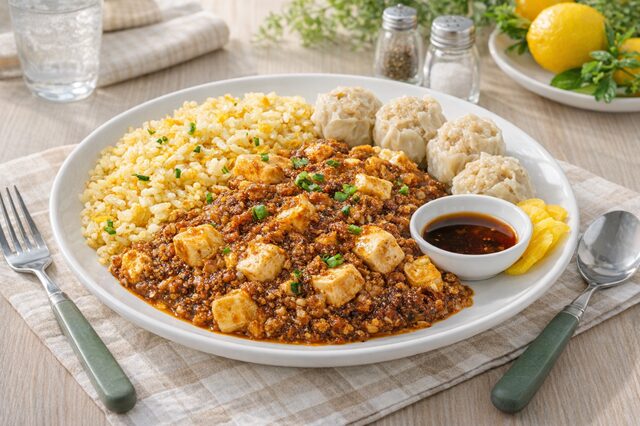 白い皿に盛り付けられた麻婆豆腐とチャーハン、焼売のセット料理。さわやかなキッチンのテーブルの上に置かれ、小皿のタレやカトラリーが添えられている。