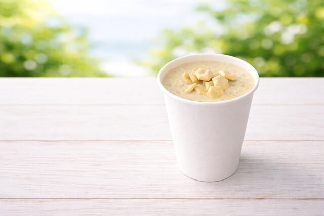 コストコフードコート テーブルの上 カップに注いだクラムチャウダー