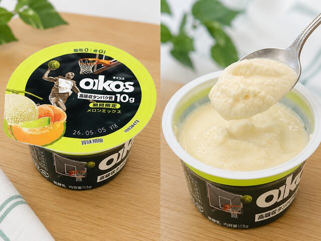 オイコス期間限定 メロンフレーバーをスプーンですくう