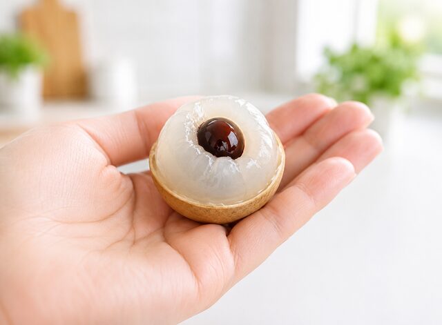 手のひらに乗せた皮をむいた1粒のロンガン